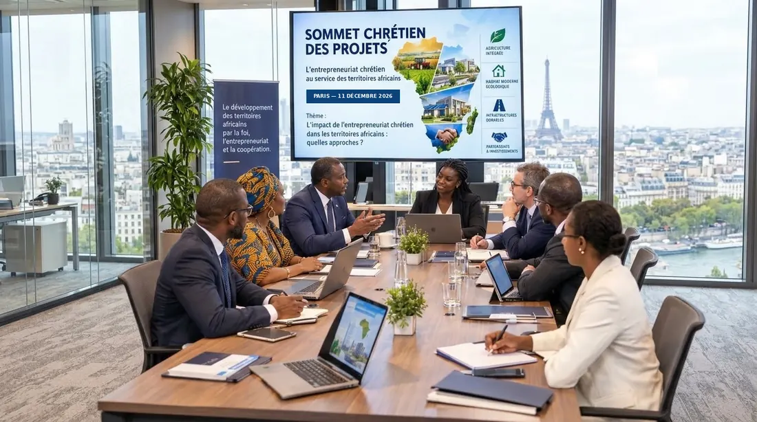 Session de travail autour d'une table, avec l'écran présentant le Sommet Chrétien des Projets